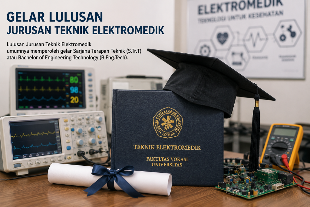 Mahasiswa lulusan Jurusan Teknik Elektromedik dengan toga wisuda dan perlengkapan alat kesehatan medis di laboratorium teknologi kesehatan.