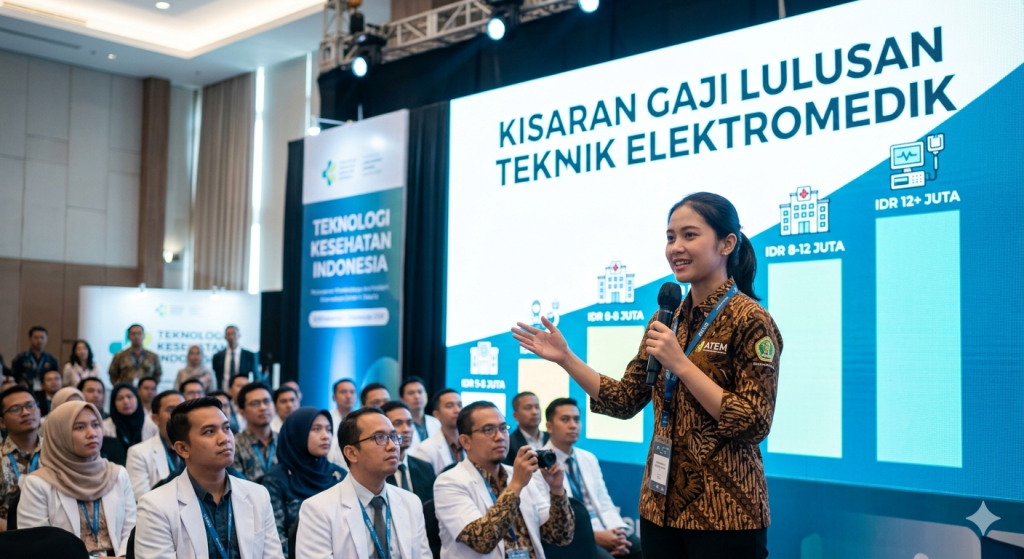 Wanita berbaju batik sedang mempresentasikan grafik kisaran gaji lulusan Teknik Elektromedik di depan audiens acara teknologi kesehatan.