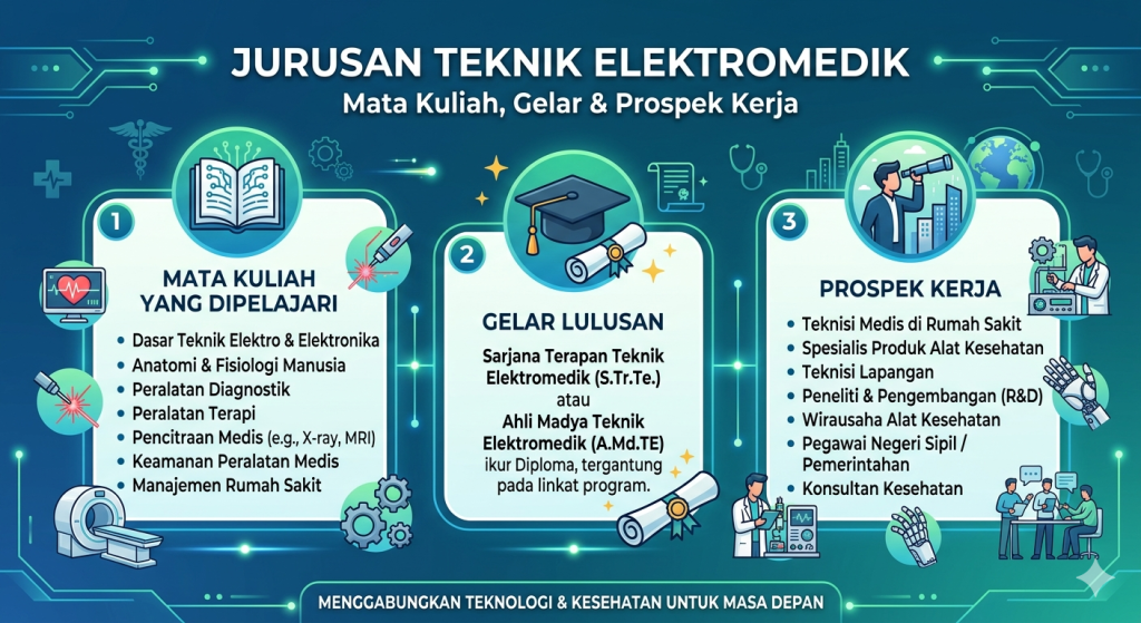  Infografis Jurusan Teknik Elektromedik yang merangkum mata kuliah (elektronika dan alat medis), gelar kelulusan (S.Tr.Te. / A.Md.TE), serta prospek kerja di bidang teknologi kesehatan.