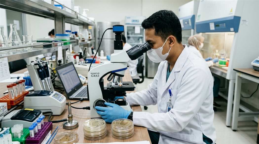 Tenaga analis kesehatan dan ahli teknologi laboratorium medik memeriksa sampel darah menggunakan mikroskop fluoresensi canggih