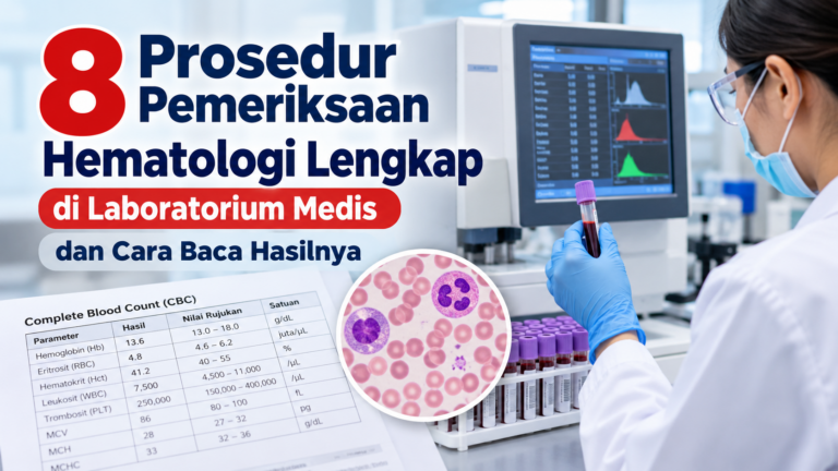 8 prosedur pemeriksaan hematologi lengkap di laboratorium medis menggunakan alat hematology analyzer untuk menganalisis sampel darah dan membaca hasil pemeriksaan.