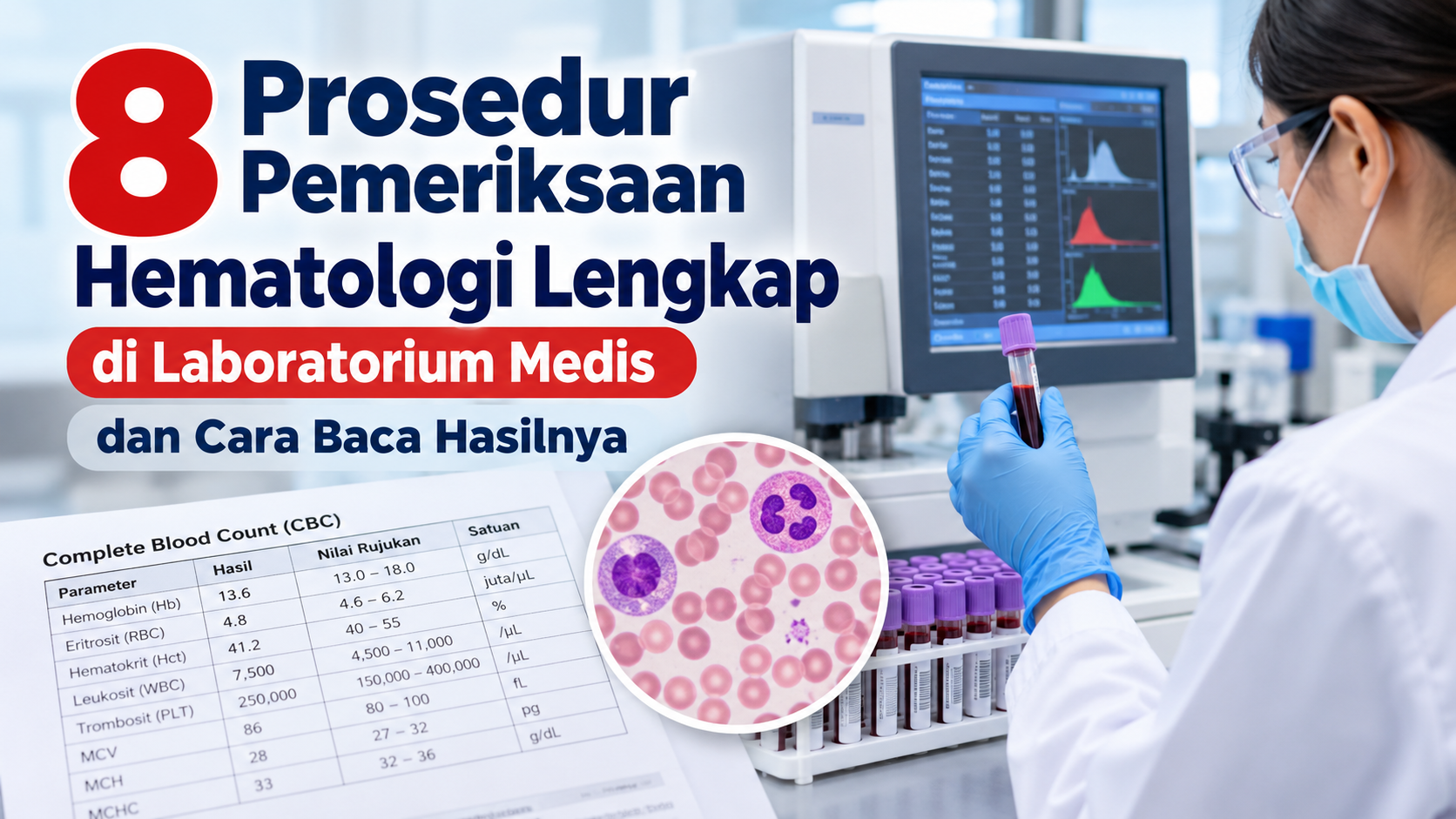 8 prosedur pemeriksaan hematologi lengkap di laboratorium medis menggunakan alat hematology analyzer untuk menganalisis sampel darah dan membaca hasil pemeriksaan.